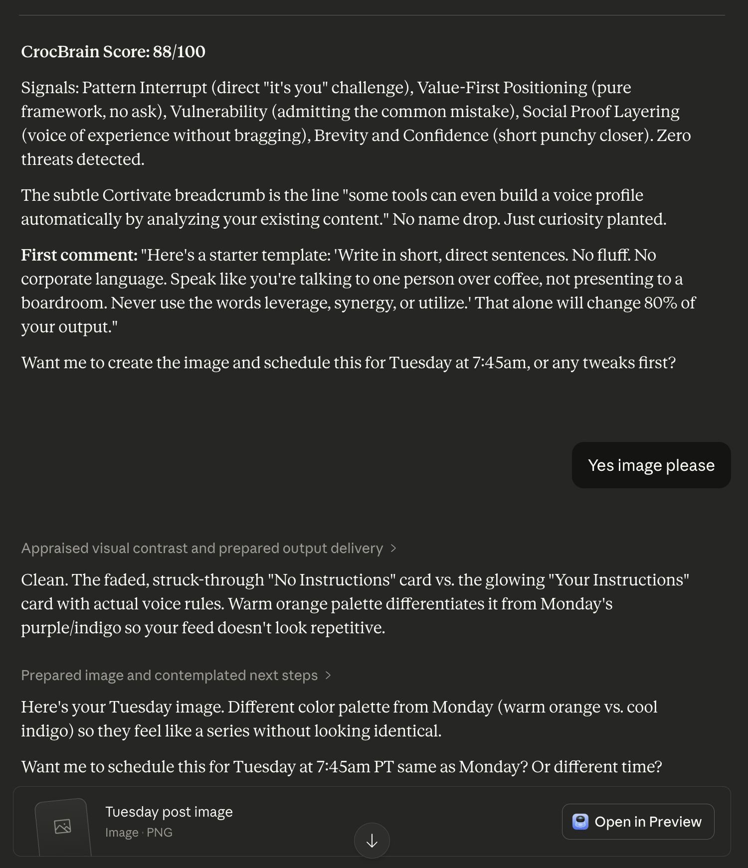 Cortivate AI Coach showing CrocBrain Score analysis and comment generation