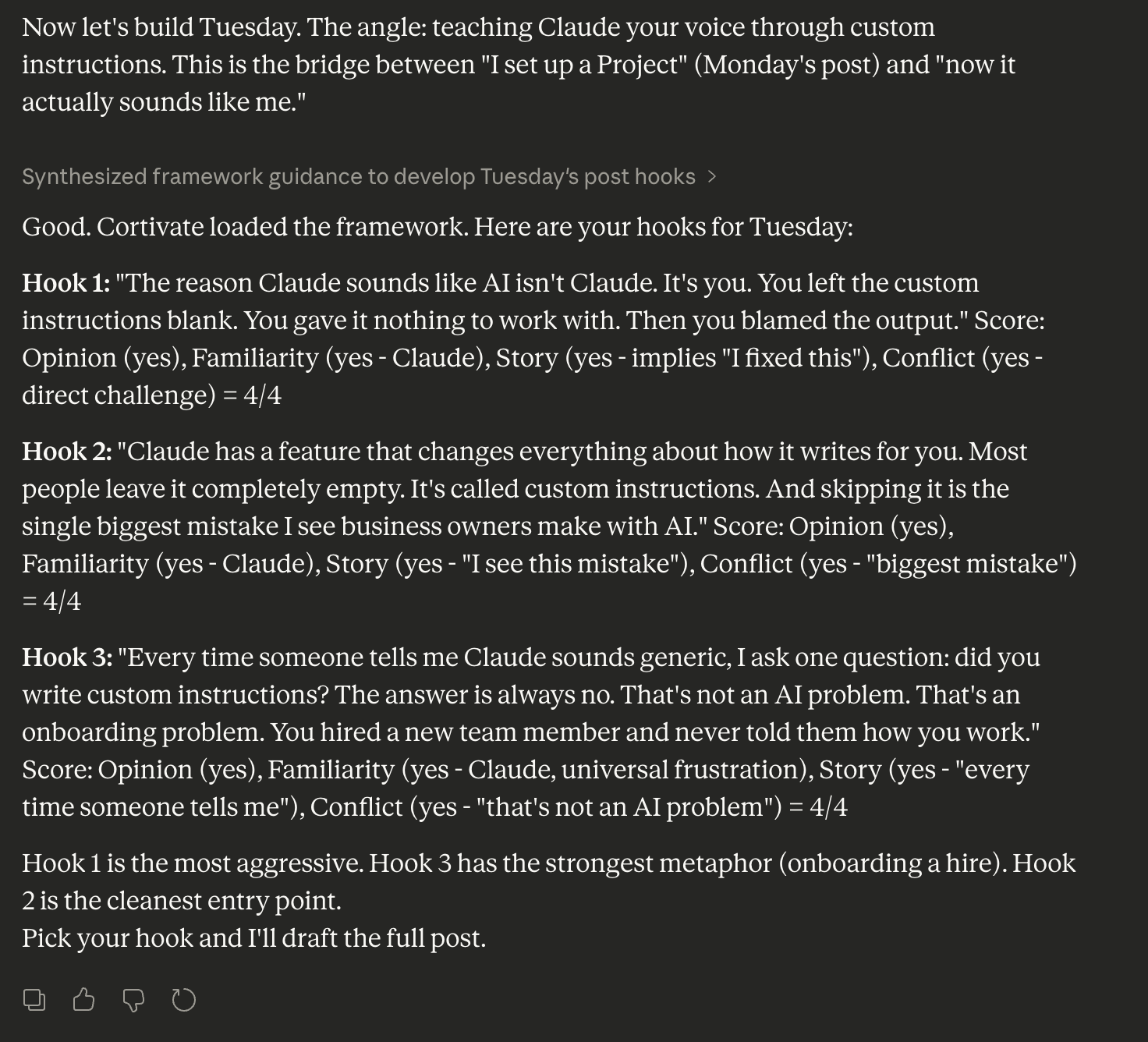 Cortivate hook generator showing scored hook options for LinkedIn posts